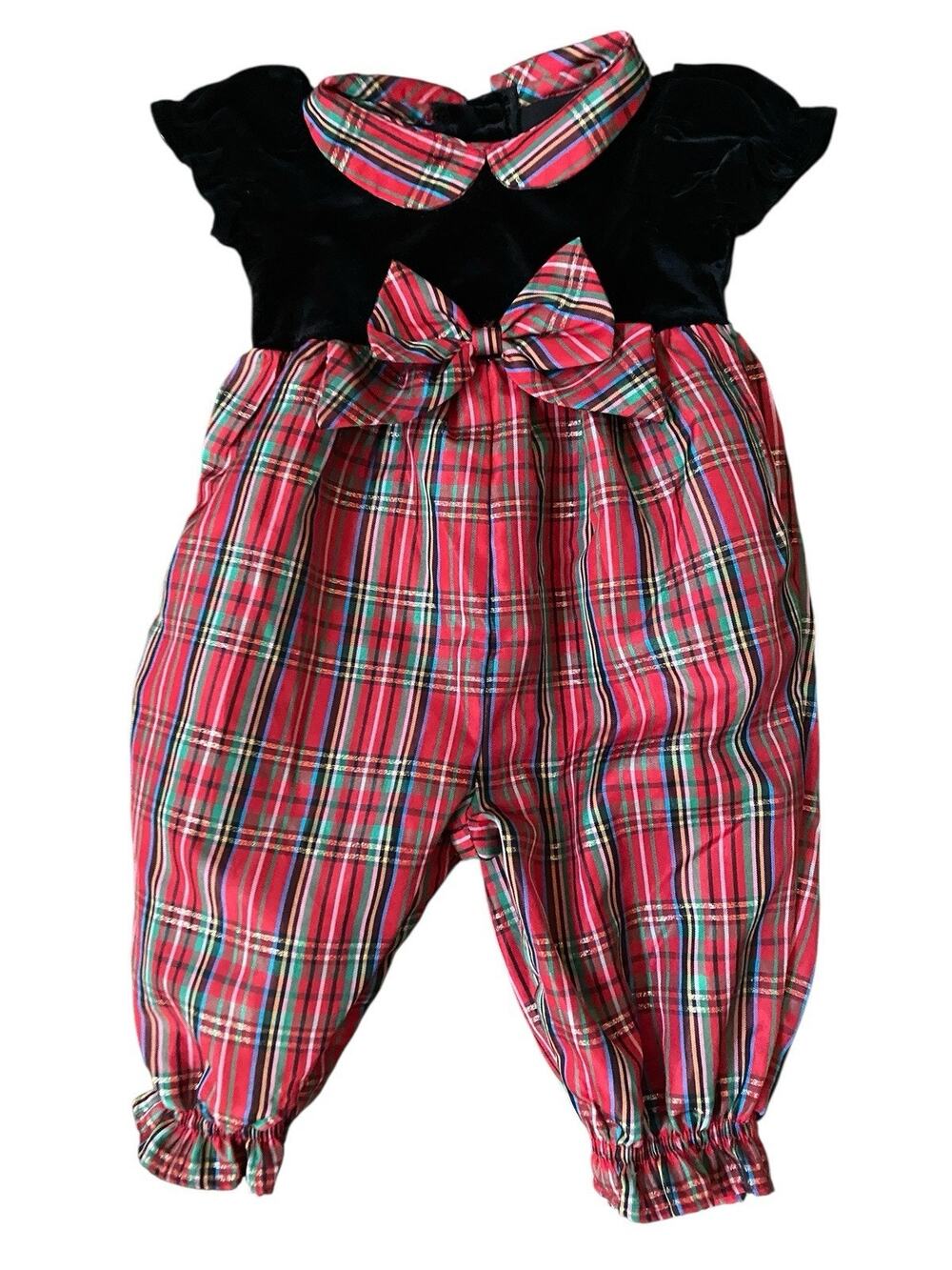 Vintage Bubble Romper Tartan Plaid Velvet Baby Girls 6 Months Christmas Infant